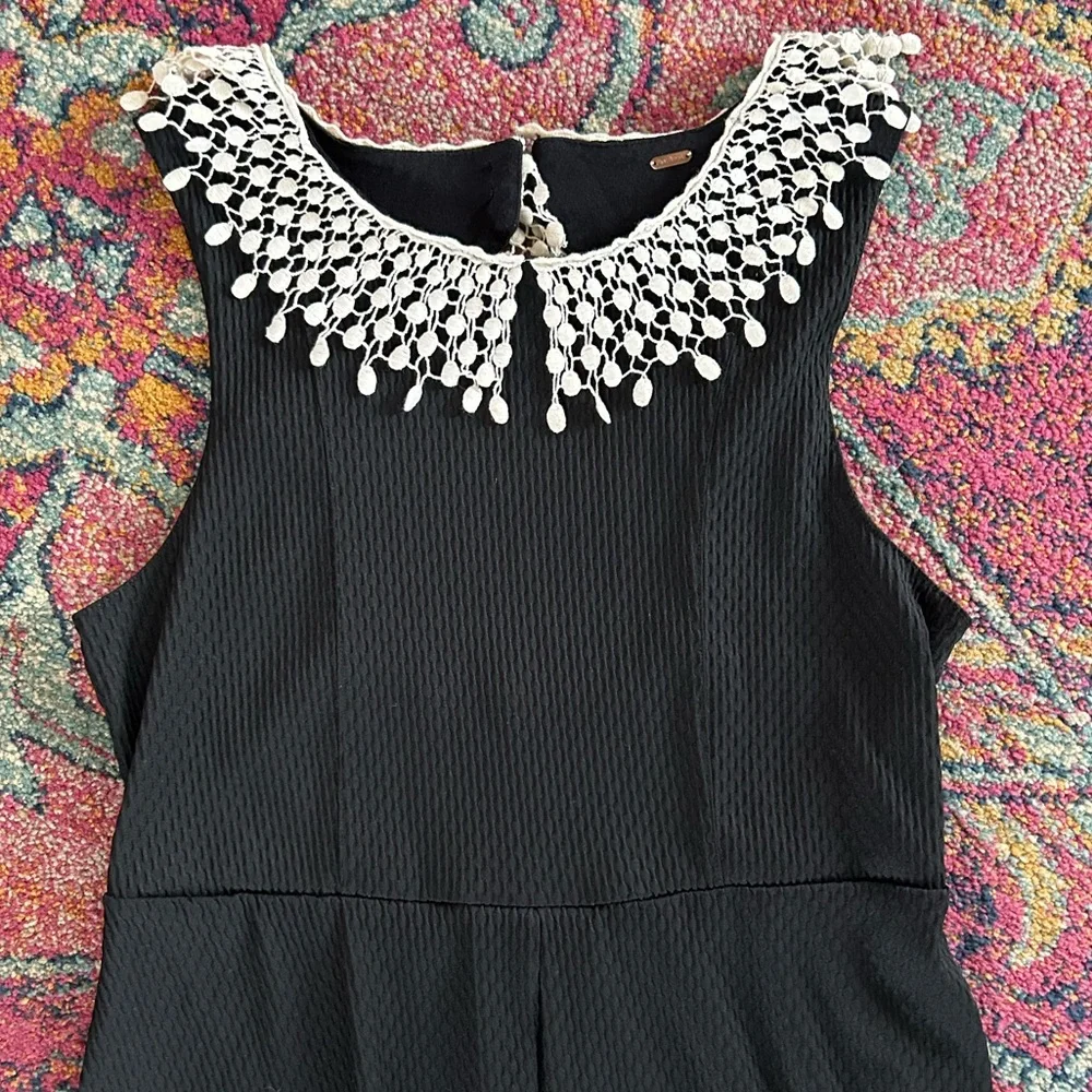 Free People | Womens Black Mini Dress Cream Crochet Peter Pan Collar Open Back M - Picture 11 of 16